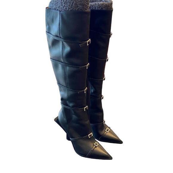 God Save Queens Rendezvous Embellished Boots Knee High Pointed Toe Black Sz EU39 - Picture 3 of 16